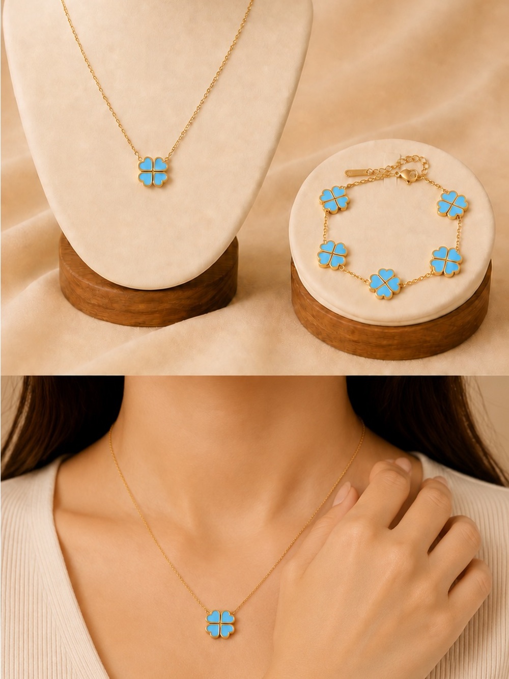 Gold-Plated Blue Clover Pendant Necklace and Bracelet Set